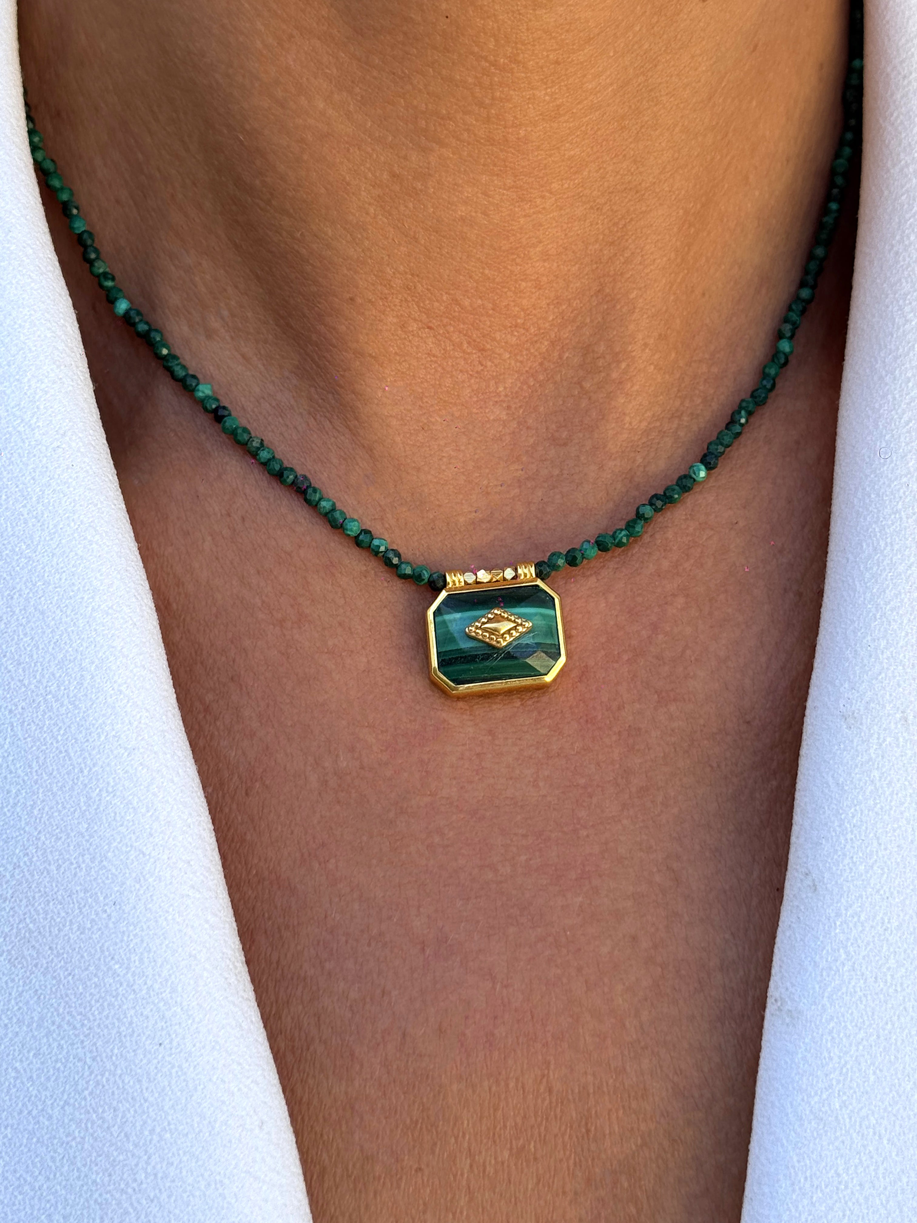 Collier doré Or jaune 18k assemblé de Malachite - Maison Di Giorgio