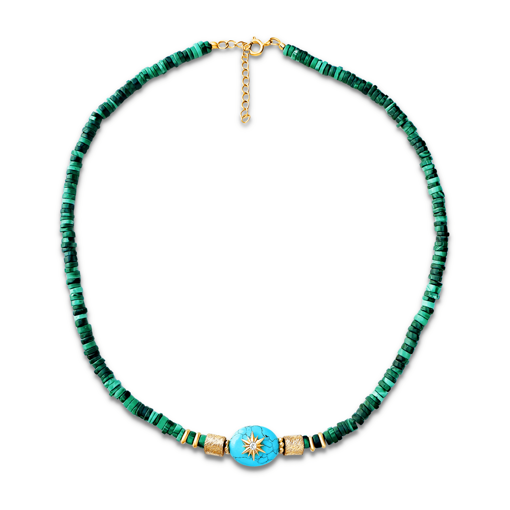 Collier doré Or jaune 18k assemblé de Turquoise, d'Oxyde de zirconiumi et de Malachite - Maison Di Giorgio
