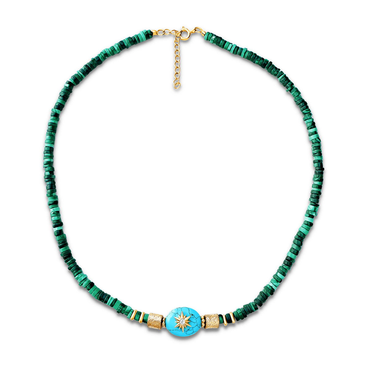 Collier doré Or jaune 18k assemblé de Turquoise, d'Oxyde de zirconiumi et de Malachite - Maison Di Giorgio