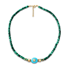 Collier doré Or jaune 18k assemblé de Turquoise, d'Oxyde de zirconiumi et de Malachite - Maison Di Giorgio
