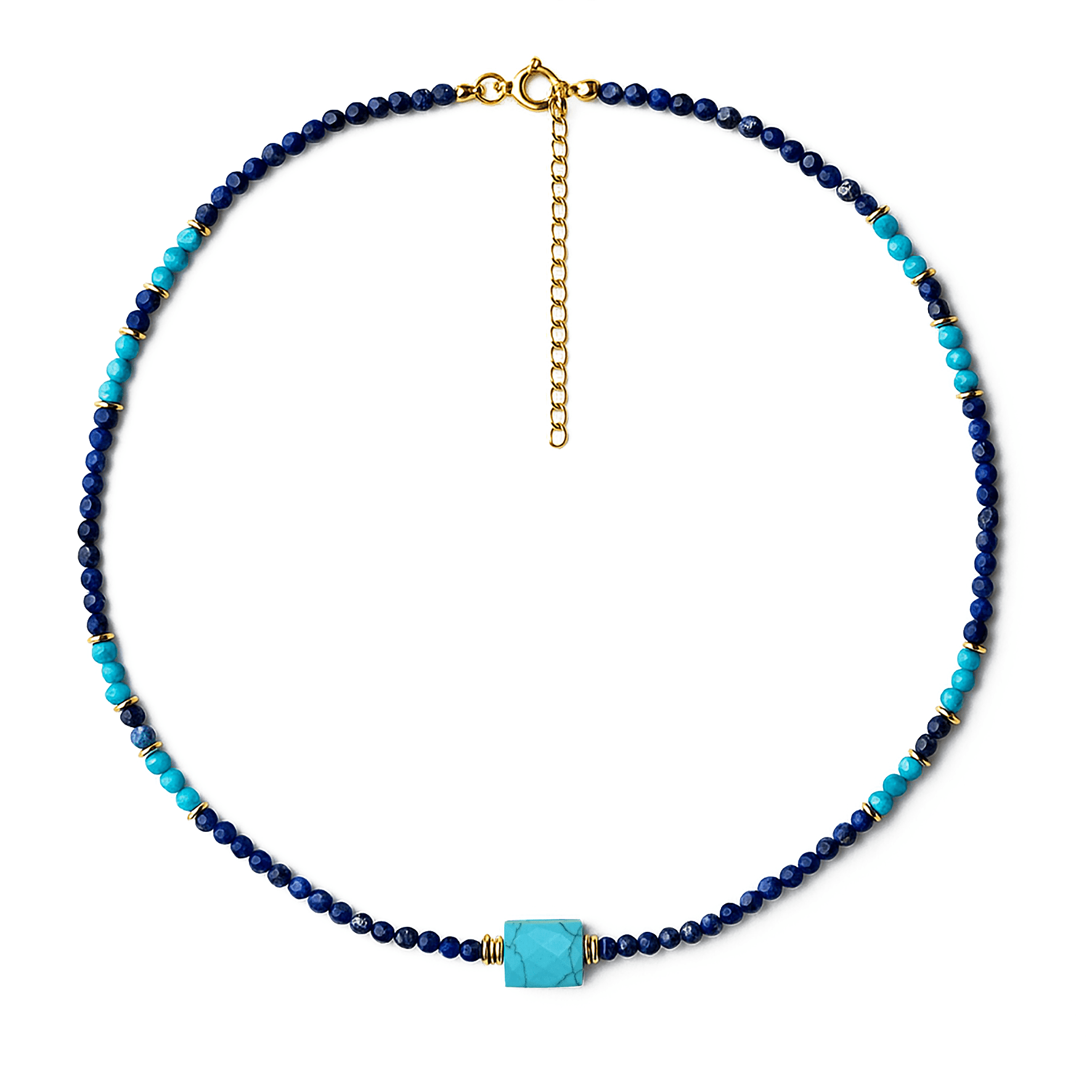 Collier perles doré Or jaune 18k assemblé de Lapis - lazuli et de Turquoise - Maison Di Giorgio