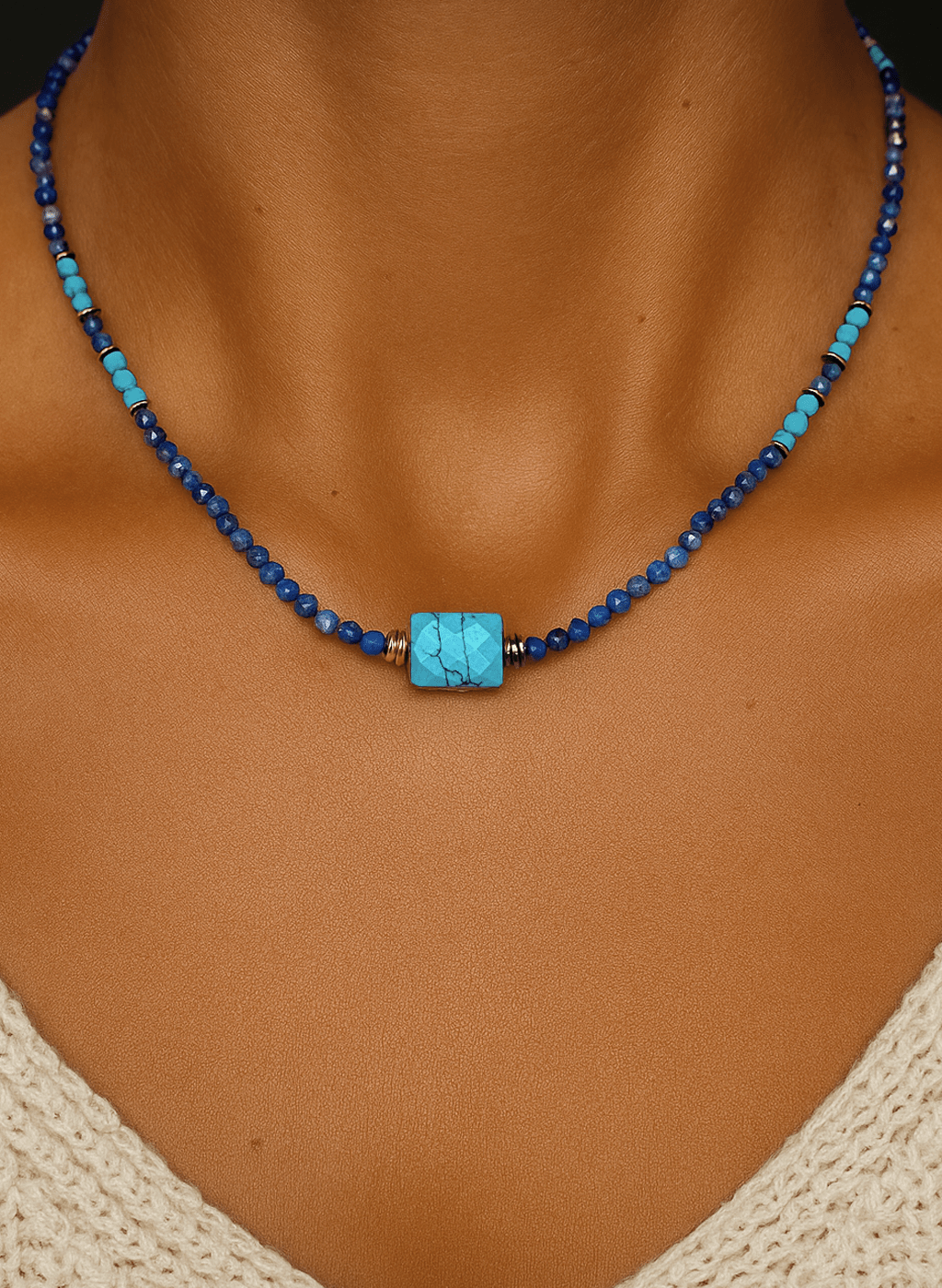 Collier perles doré Or jaune 18k assemblé de Lapis - lazuli et de Turquoise - Maison Di Giorgio