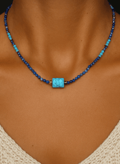 Collier perles doré Or jaune 18k assemblé de Lapis - lazuli et de Turquoise - Maison Di Giorgio