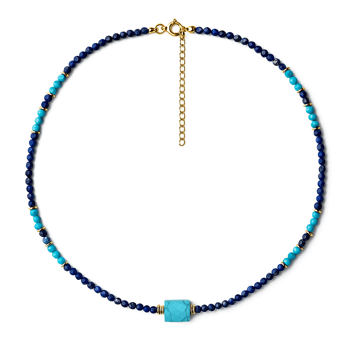 Collier perles doré Or jaune 18k assemblé de Lapis - lazuli et de Turquoise - Maison Di Giorgio