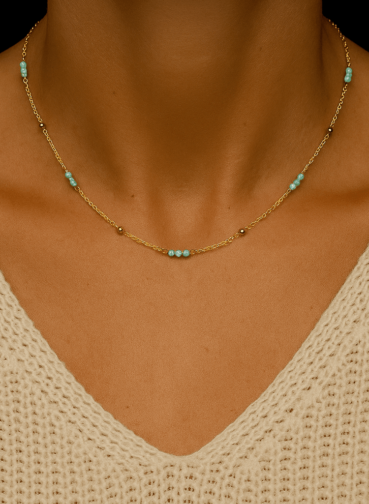 Collier perles et chaîne dorée Or jaune 19k assemblé d'Amazonite - Maison Di Giorgio