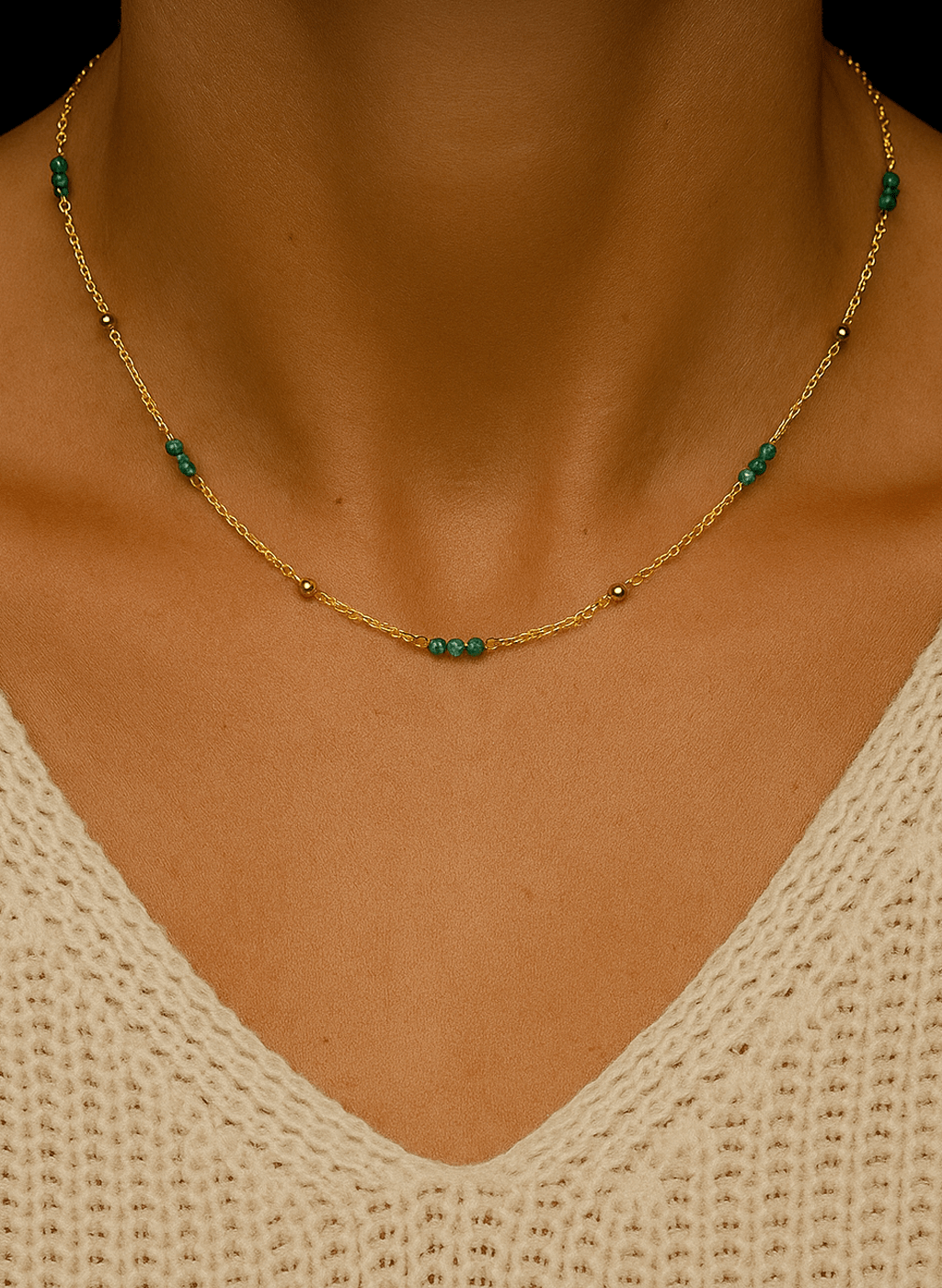 Collier perles et chaîne dorée Or jaune 19k assemblé de Jade verte - Maison Di Giorgio