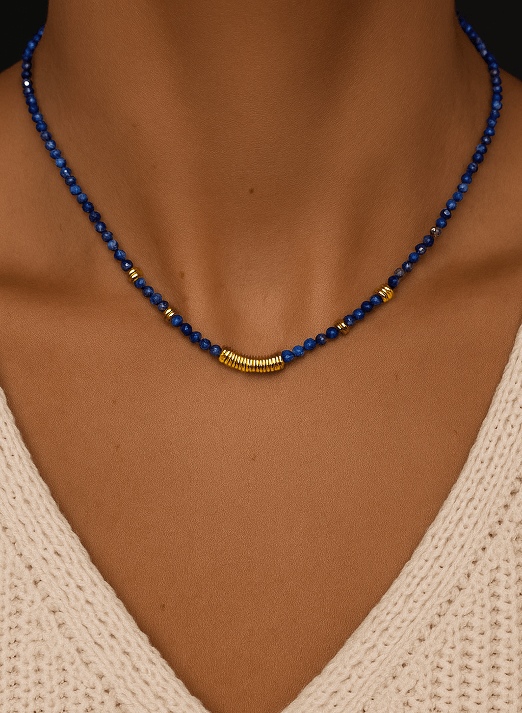 Collier perles doré Or jaune 18k assemblé de Lapis - lazuli - Maison Di Giorgio
