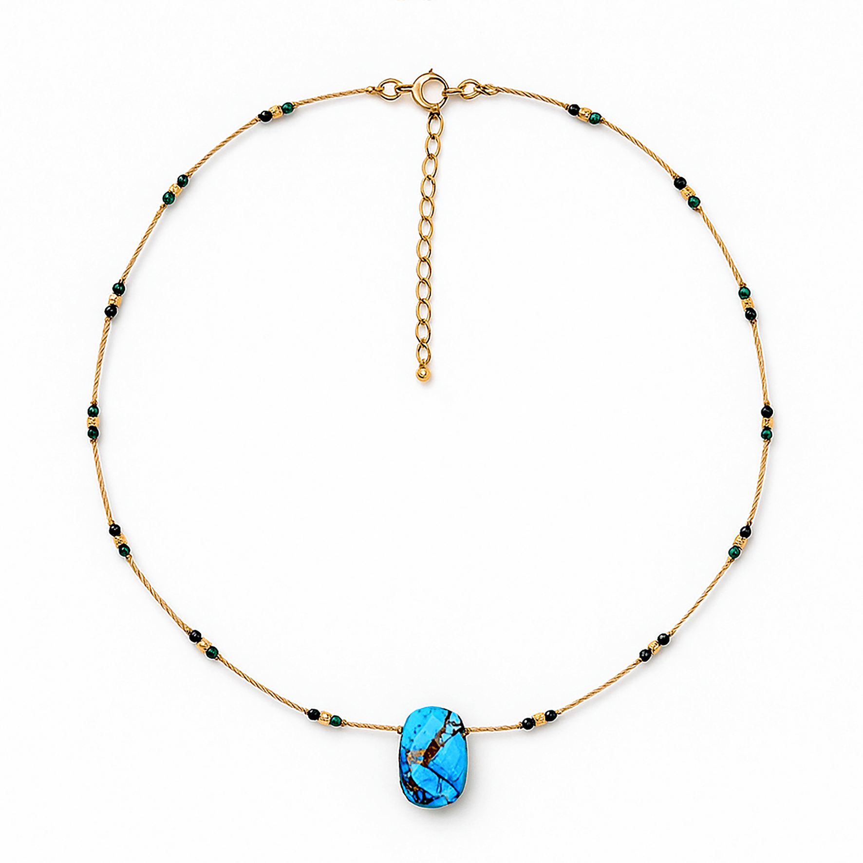 Collier perles et chaîne dorée Or jaune 18k assemblé de Turquoise et de Malachite - Maison Di Giorgio