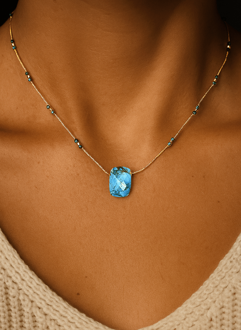 Collier perles et chaîne dorée Or jaune 18k assemblé de Turquoise et de Malachite - Maison Di Giorgio