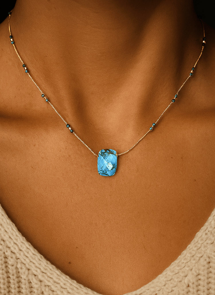 Collier perles et chaîne dorée Or jaune 18k assemblé de Turquoise et de Malachite - Maison Di Giorgio