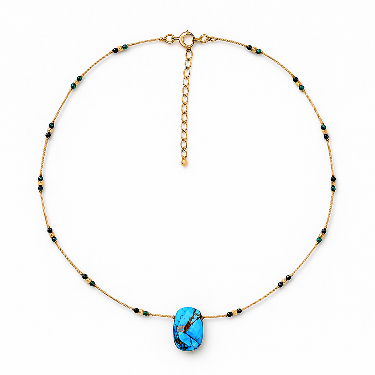 Collier perles et chaîne dorée Or jaune 18k assemblé de Turquoise et de Malachite - Maison Di Giorgio