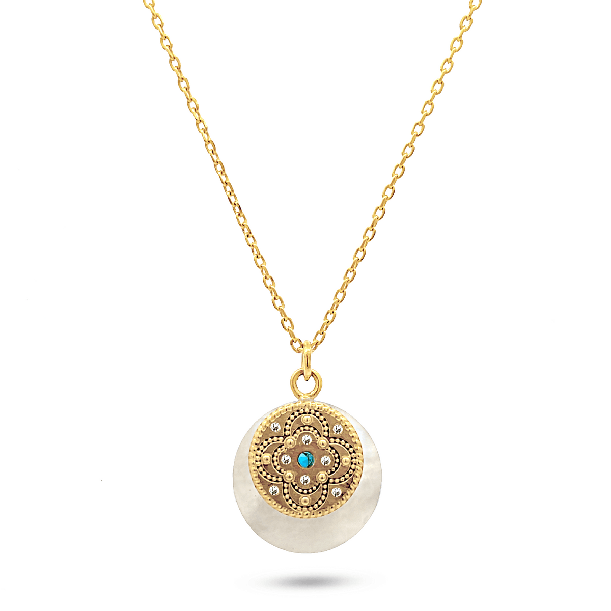 Collier doré Or jaune 18k assemblé Nacre, Turquoise et d'Oxyde de zirconium - Maison Di Giorgio