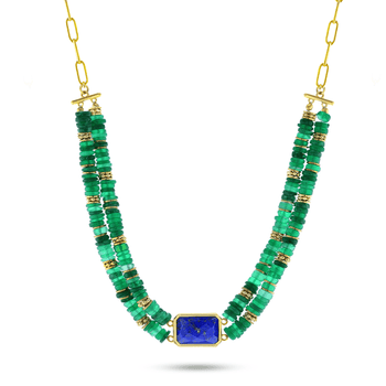 Collier perles doré Or jaune 18k assemblé d'onyx vert et lapis - lazuli - Maison Di Giorgio