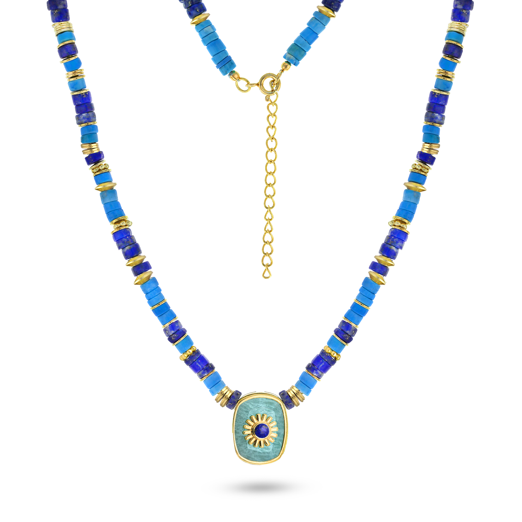 Collier perles doré Or jaune 18k, Lapis-lazuli, Amazonite - Maison Di Giorgio