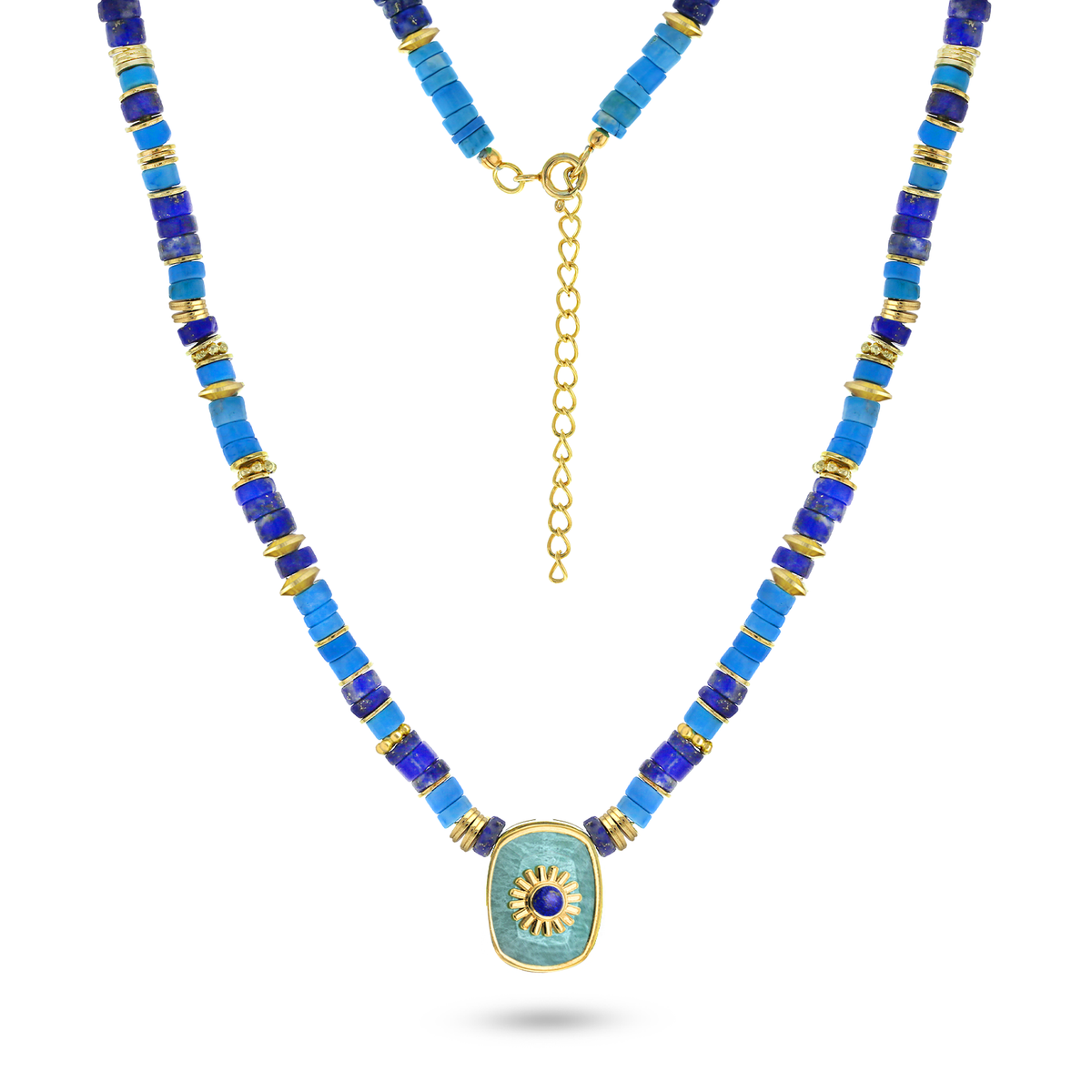 Collier perles doré Or jaune 18k, Lapis-lazuli, Amazonite - Maison Di Giorgio