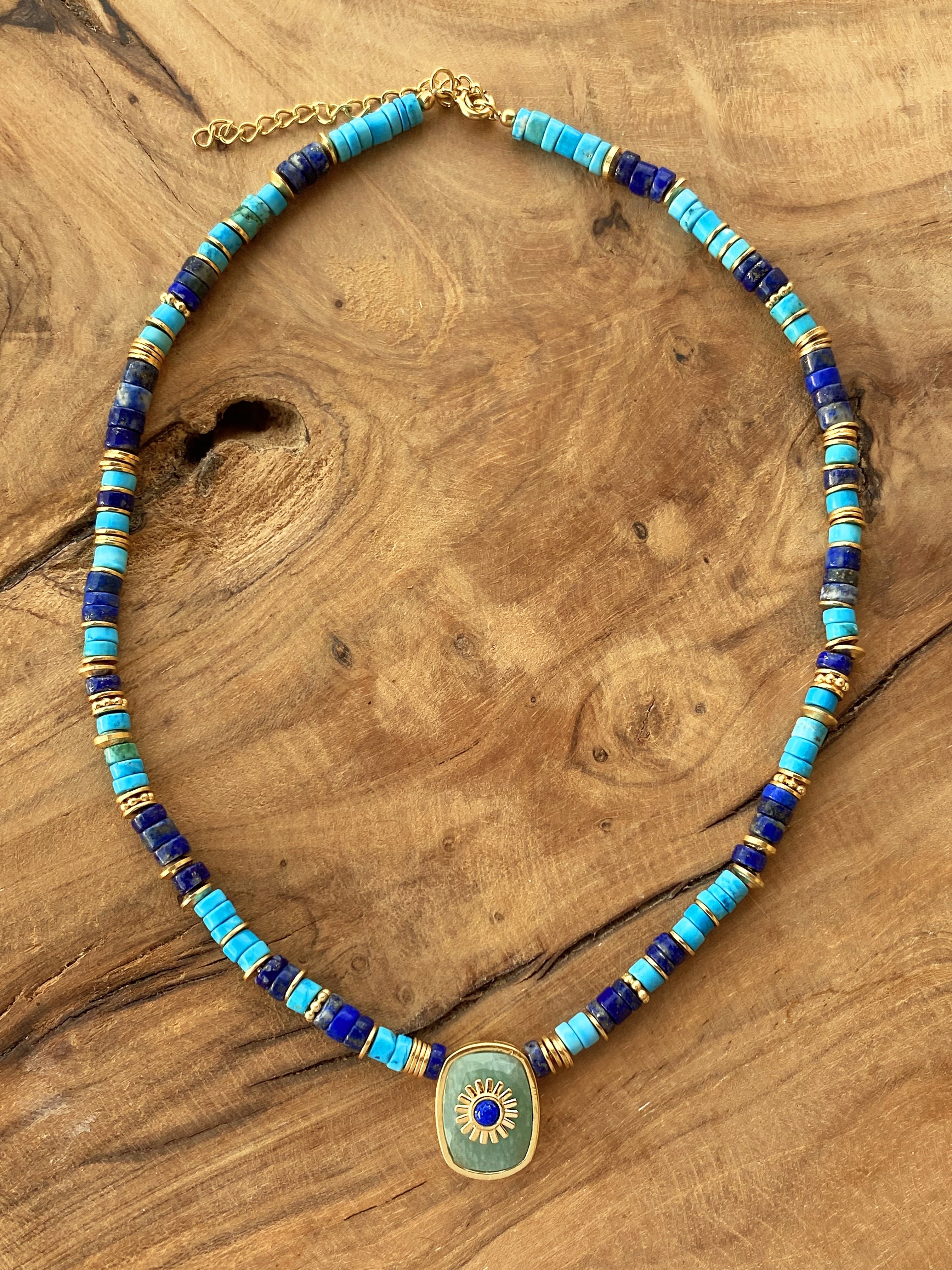 Collier perles doré Or jaune 18k, Lapis-lazuli, Amazonite - Maison Di Giorgio