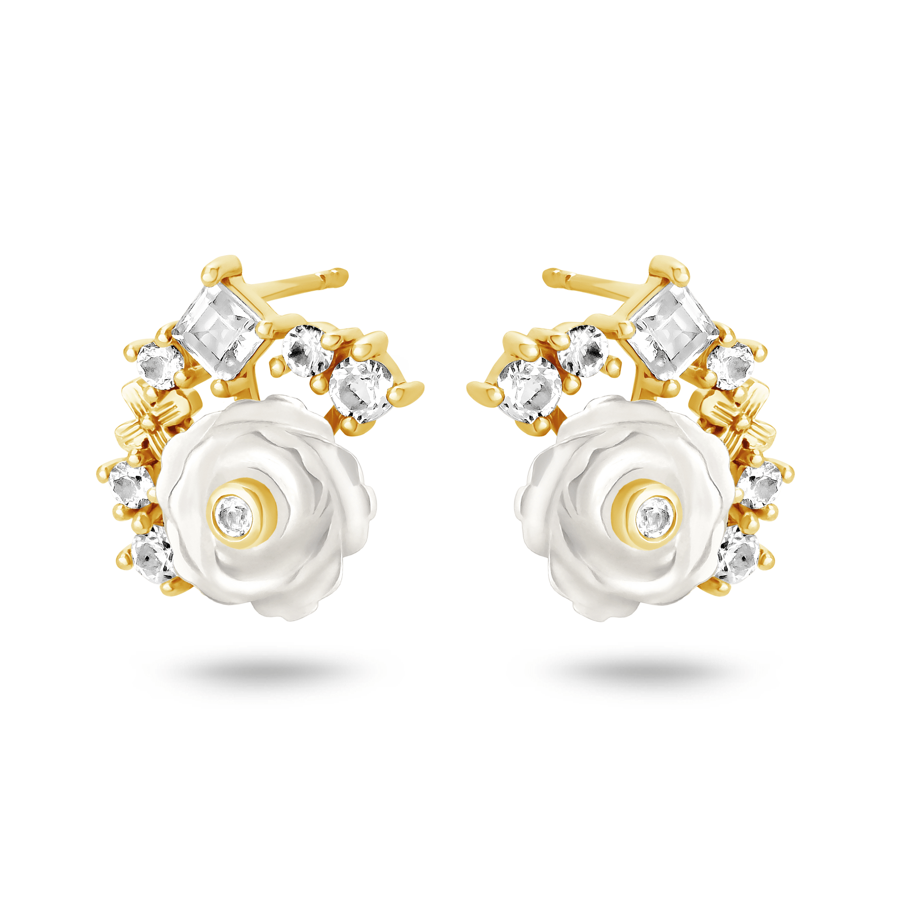 Boucles d'oreilles en Or jaune 9k assemblées de Nacre et de Topaze blanche - Maison Di Giorgio