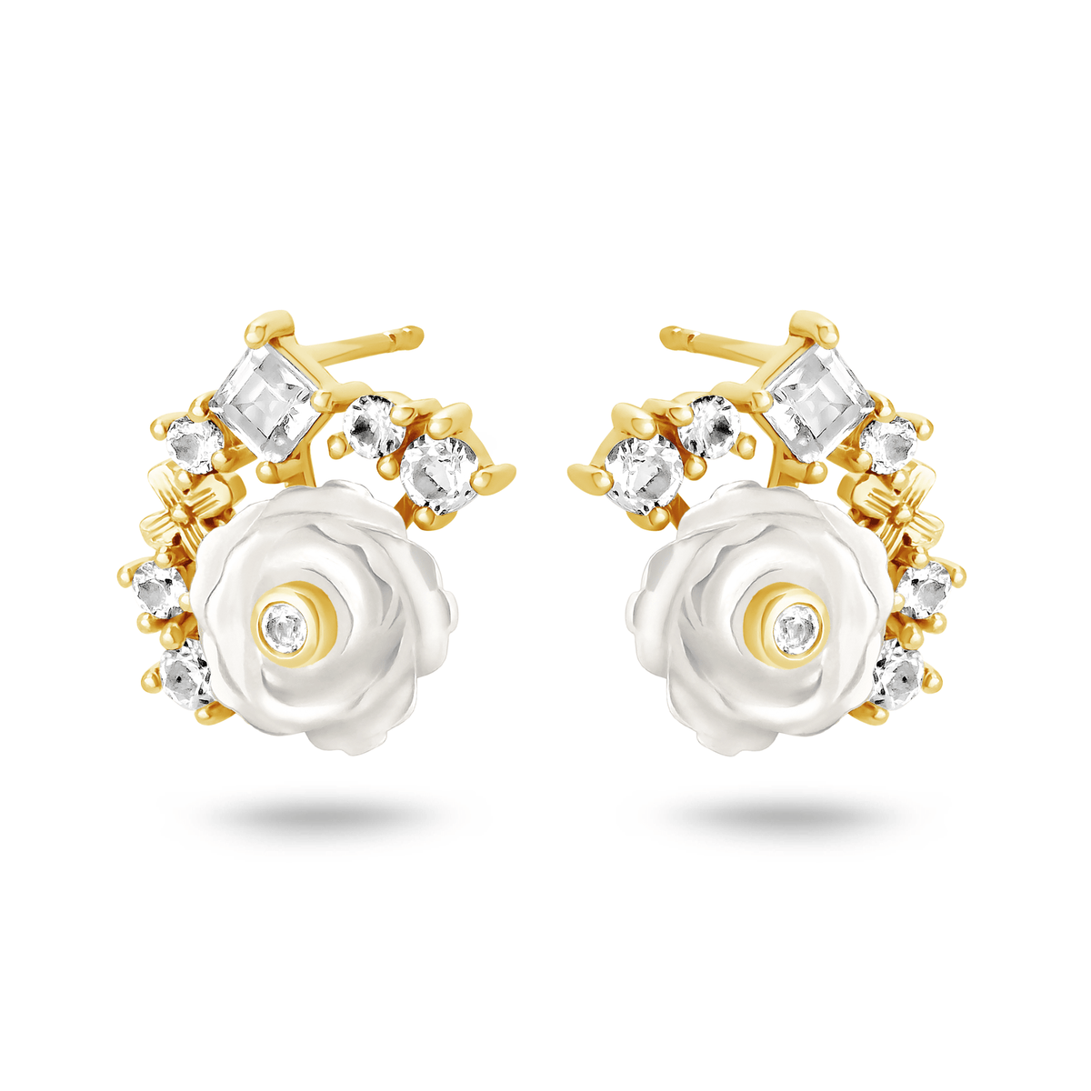 Boucles d'oreilles en Or jaune 9k assemblées de Nacre et de Topaze blanche - Maison Di Giorgio