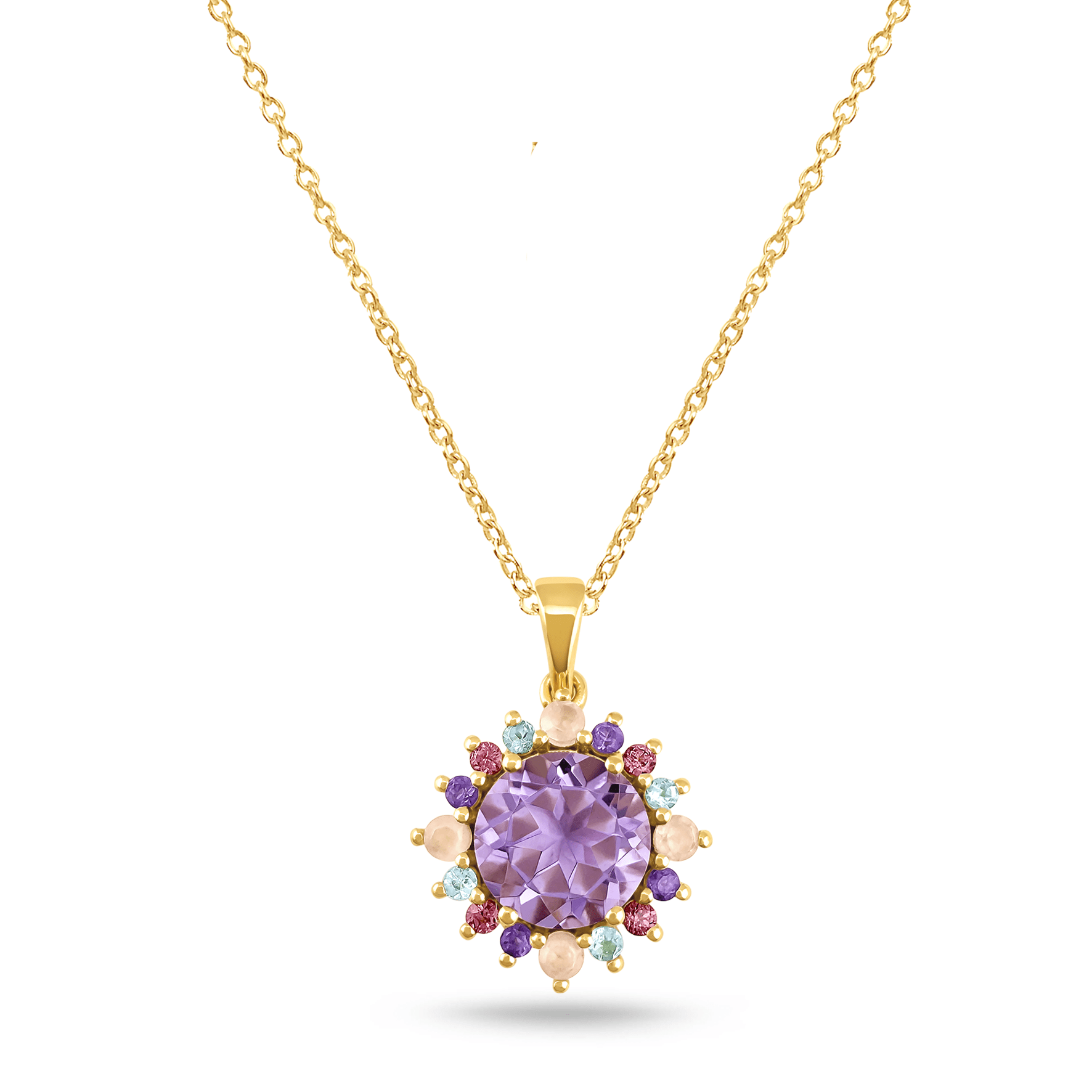Pendentif en Or jaune 9k assemblé d'Améthyste rose, Quartz rose, Améthyste claire, Grenat rhodolite et de Topaze bleu ciel - Maison Di Giorgio