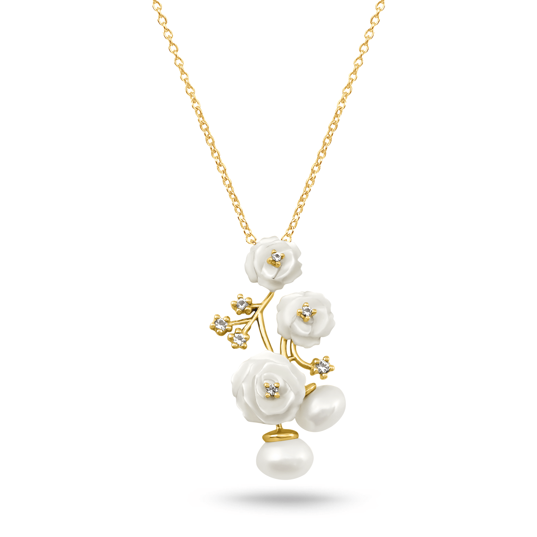 Pendentif en Or jaune 9k assemblé de Perle, de Topaze blanche et de Nacre - Maison Di Giorgio