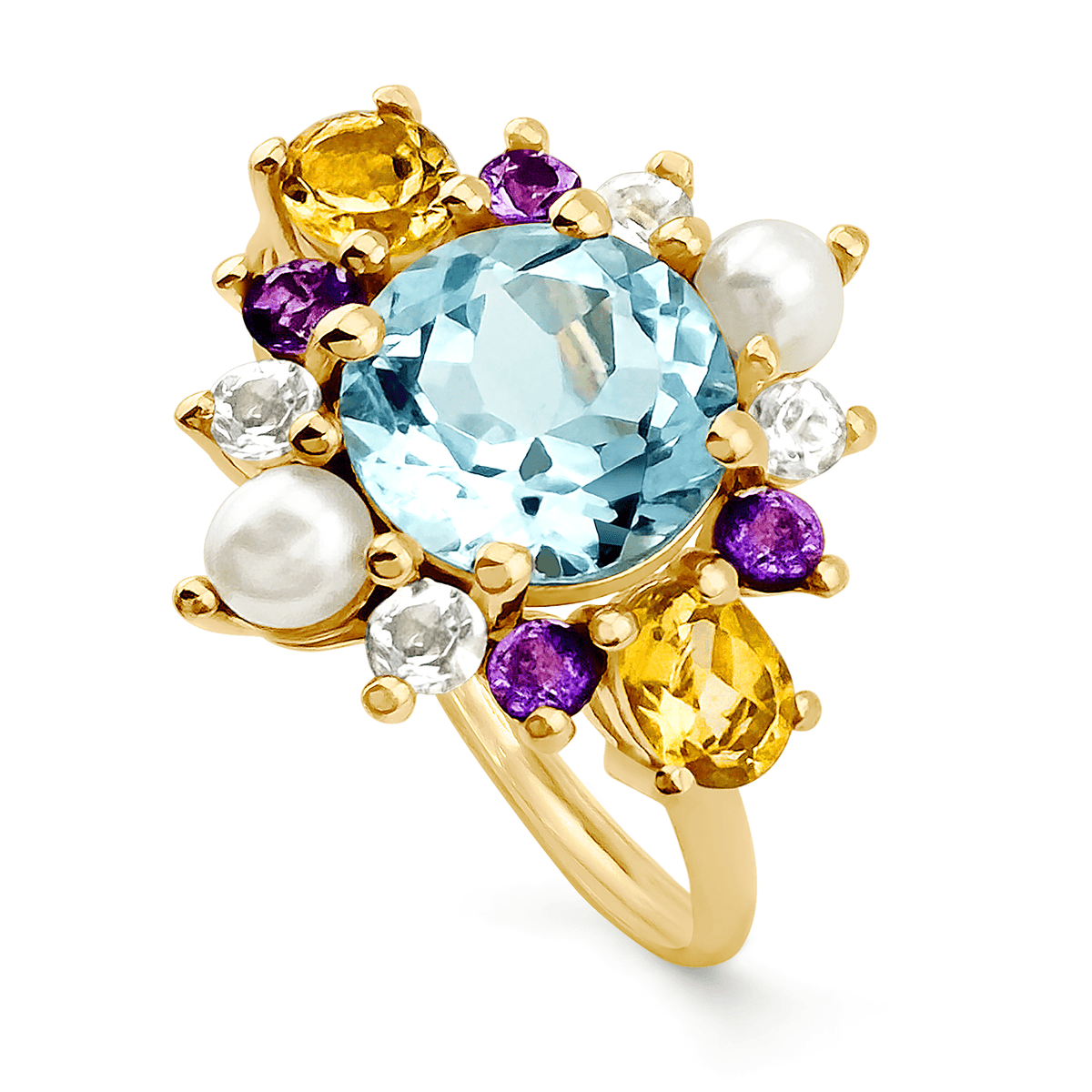 Bague en Or jaune 9k assemblée de Topaze bleu ciel, Perle, Améthyste, Topaze blanche et de Citrine - Maison Di Giorgio