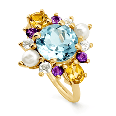 Bague en Or jaune 9k assemblée de Topaze bleu ciel, Perle, Améthyste, Topaze blanche et de Citrine - Maison Di Giorgio