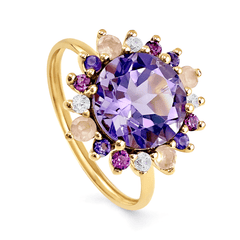 Bague en Or jaune 9k assemblée d'Améthyste rose, Quart rose, Améthyste claire, Grenat rhodolite et de Topaze bleu ciel - Maison Di Giorgio