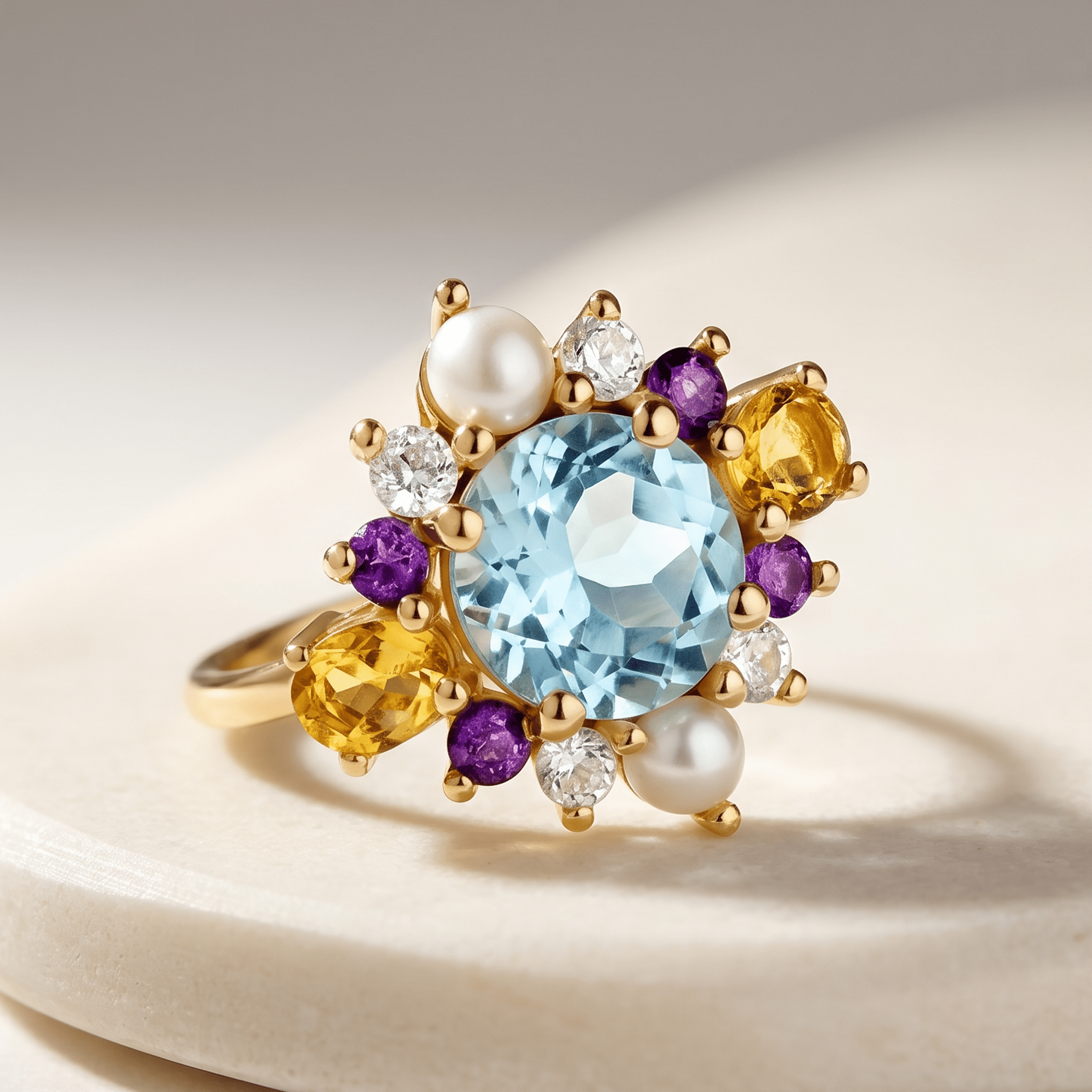 Bague - Or jaune 9k et Argent 925, Topaze, Améthyste, Perle et Citrine - Maison Di Giorgio