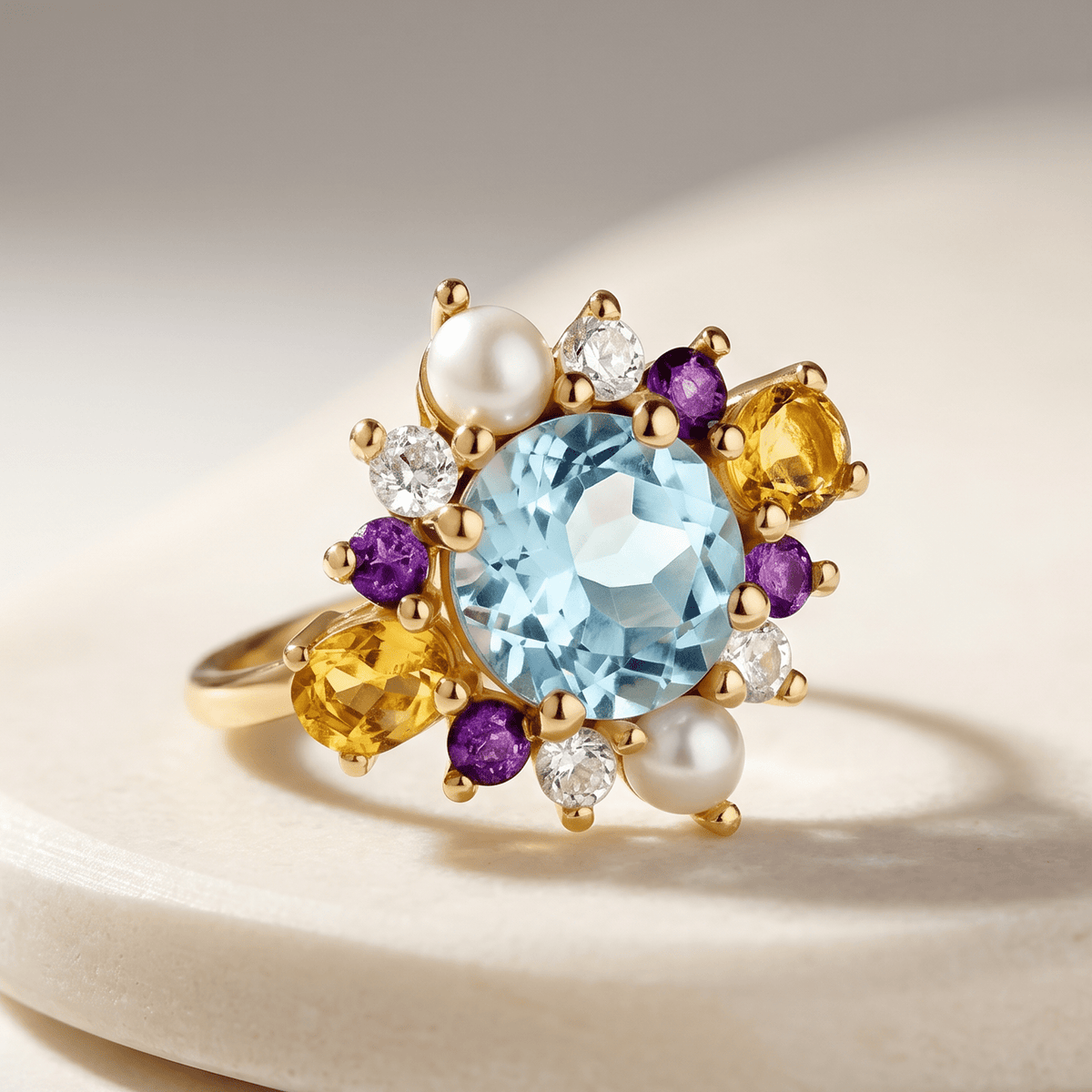 Bague - Or jaune 9k et Argent 925, Topaze, Améthyste, Perle et Citrine - Maison Di Giorgio