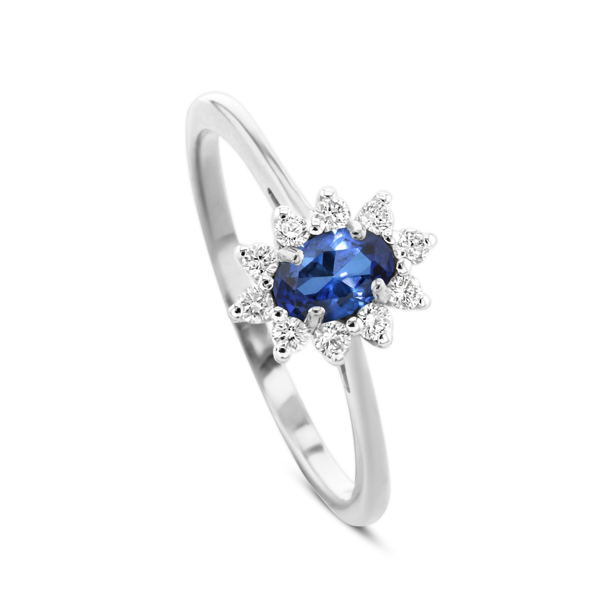 Bague en Or blanc 9k assemblée de Diamant HSI et Saphir bleu