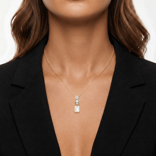 Collier Idylle & Serment - Doré Or jaune 18k, Labradorite, Pierre de lune, Oxyde de zirconium - Maison Di Giorgio