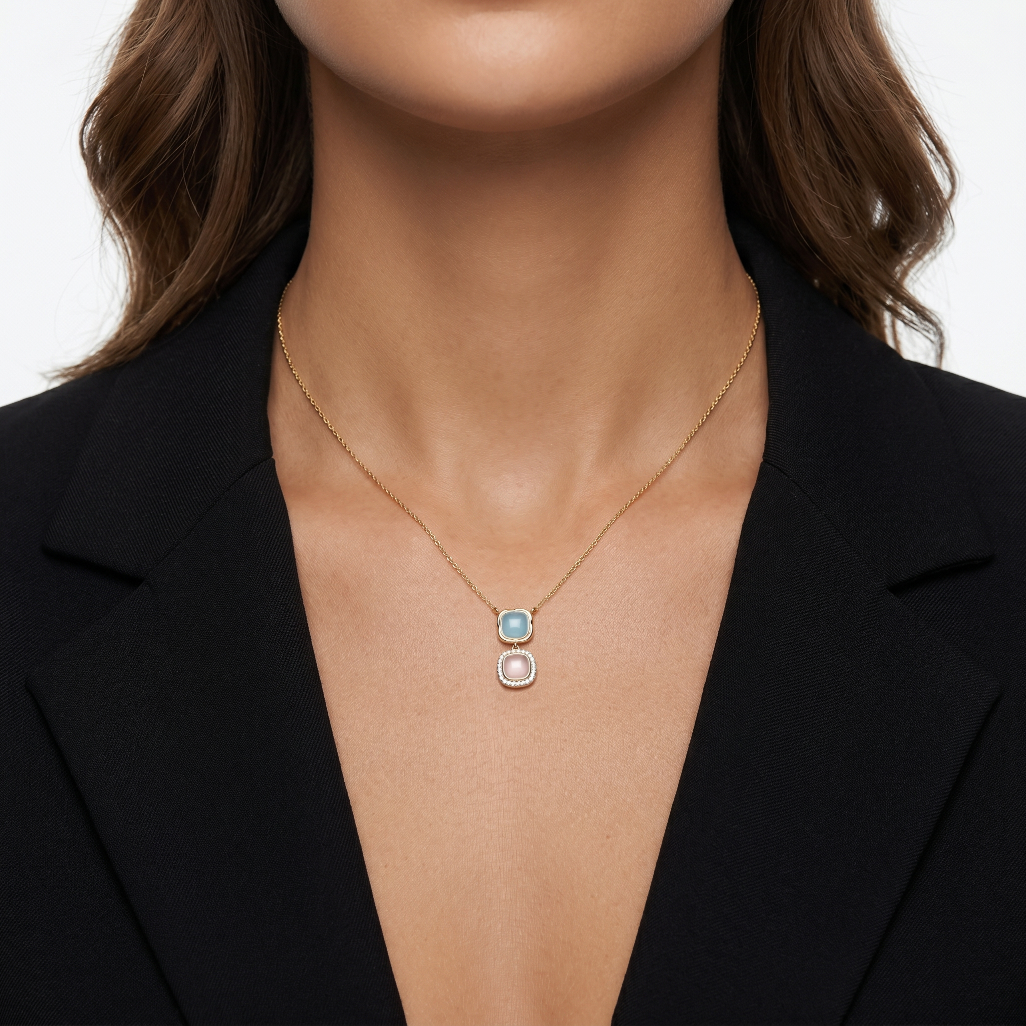 Azur & Soupir Necklace - 18k Yellow Gold plated, Jade, Quartz, Cubic zirconia