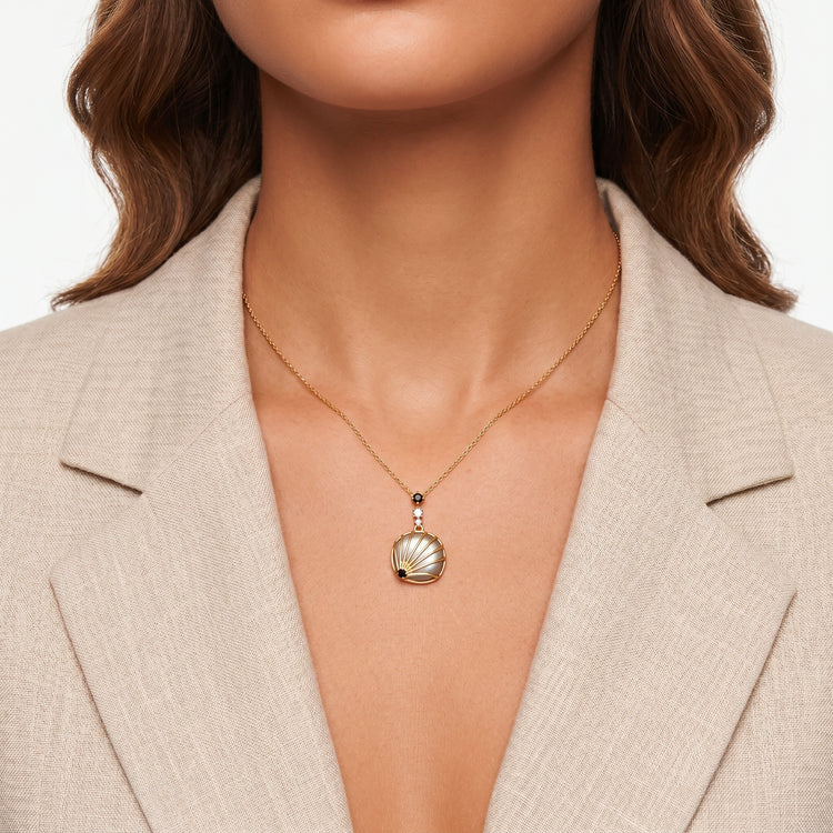 Pendentif avec chaîne Shell - Doré Or jaune 18k, Pierre de lune grise & Oxyde de zirconium - Maison Di Giorgio