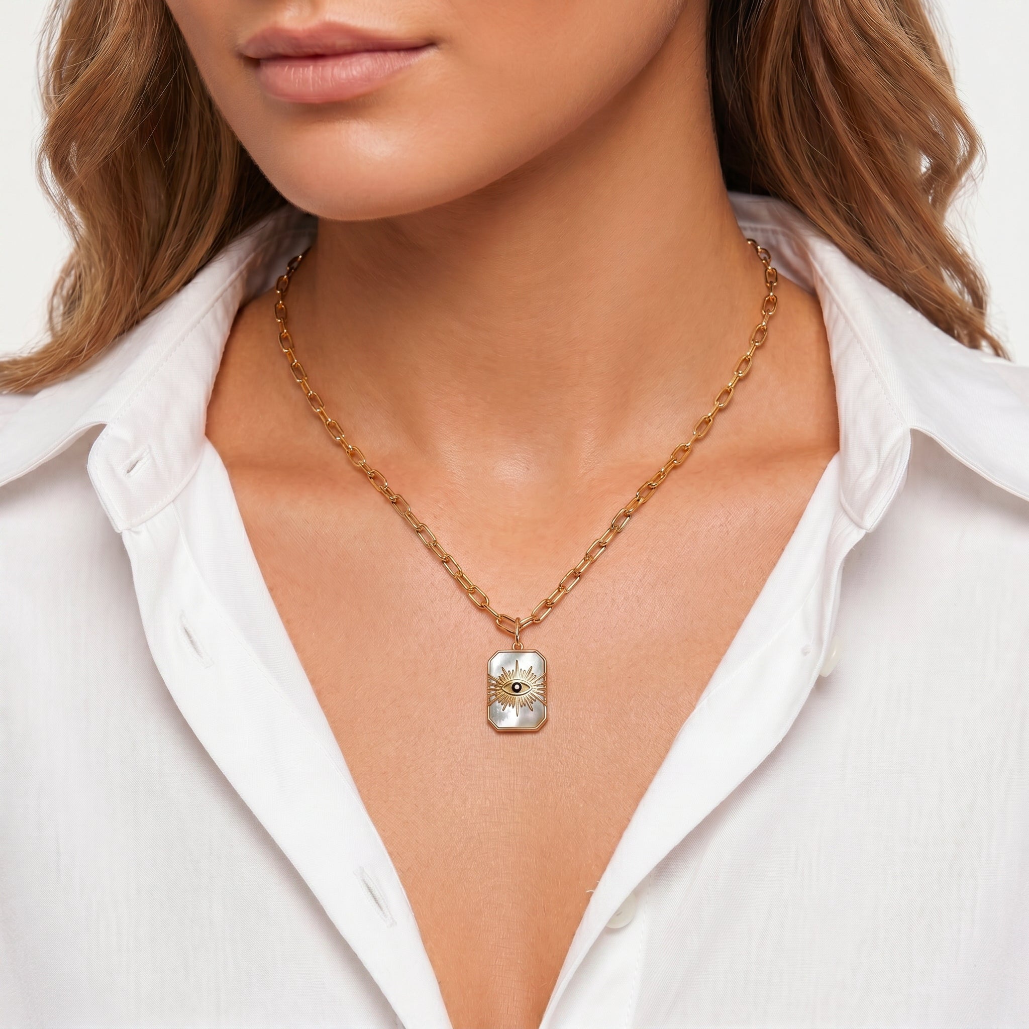 Pendentif avec chaîne Occhio - Doré Or jaune 18k, Pierre de lune grise & Oxyde de zirconium - Maison Di Giorgio