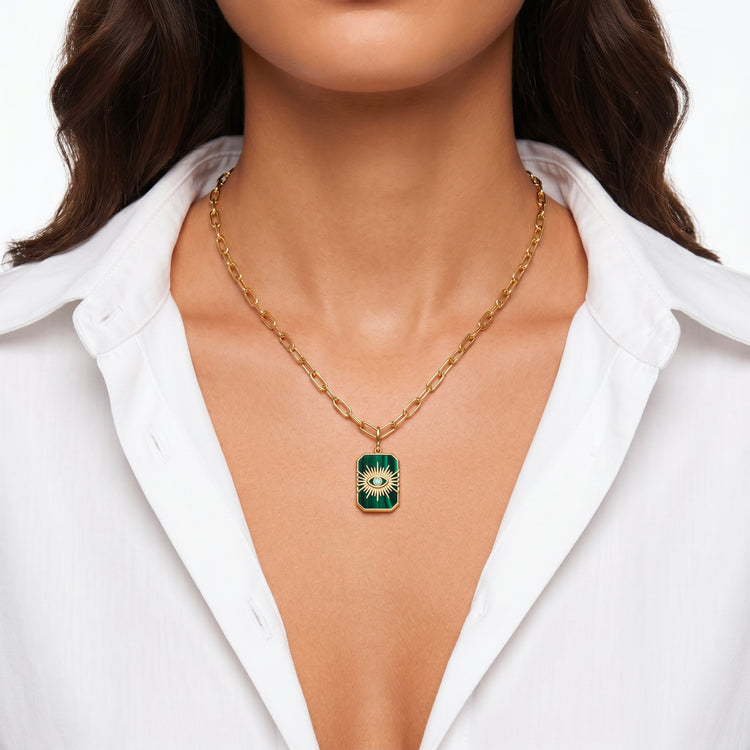 Pendentif avec chaîne Occhio - Doré Or jaune 18k, Malachite & Oxyde de zirconium - Maison Di Giorgio
