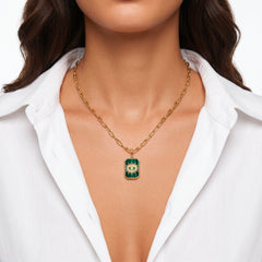 Pendentif avec chaîne Occhio - Doré Or jaune 18k, Malachite & Oxyde de zirconium - Maison Di Giorgio