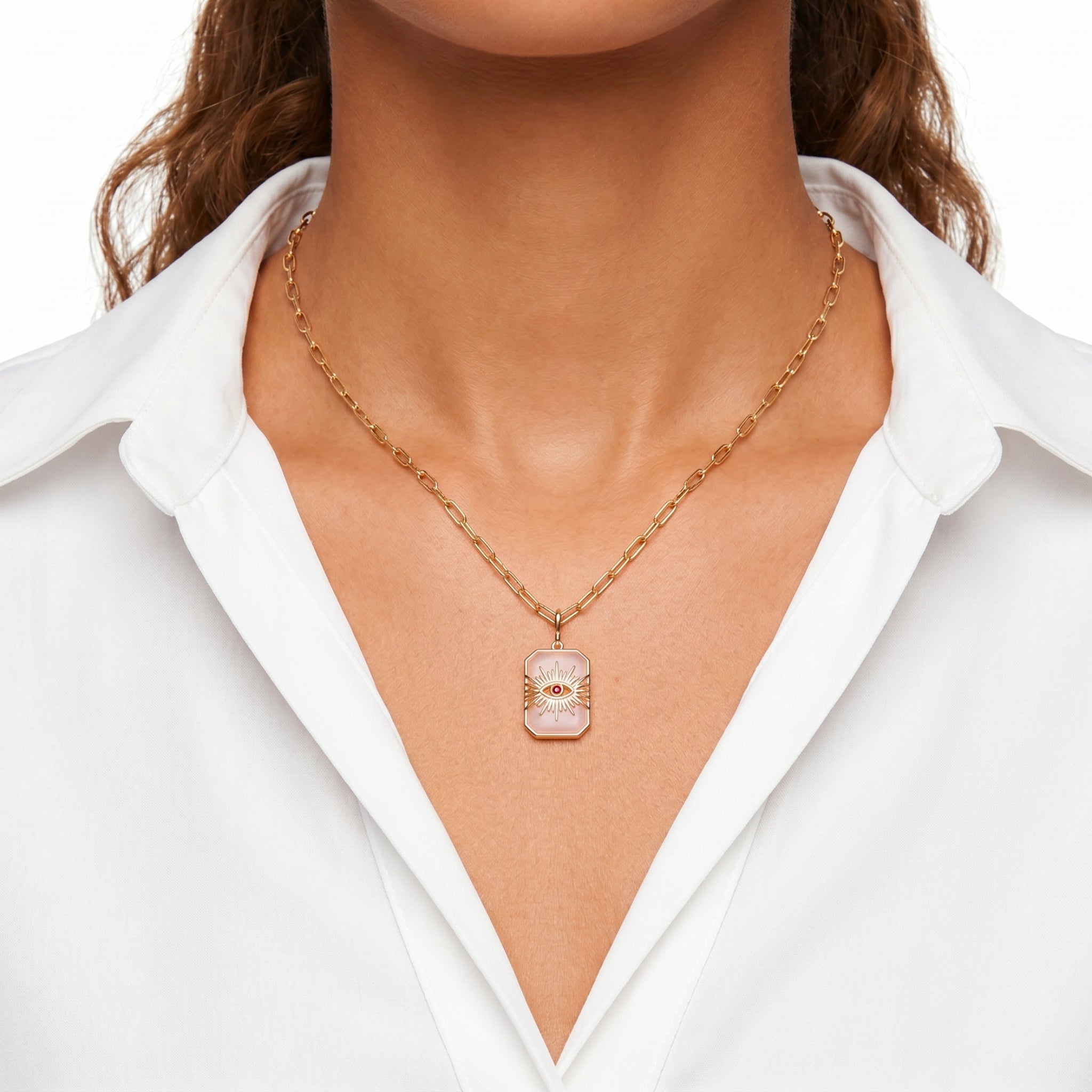 Pendentif avec chaîne Occhio - Doré Or jaune 18k, Calcédoine rose & Oxyde de zirconium - Maison Di Giorgio