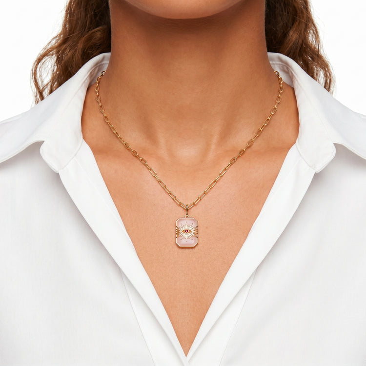 Pendentif avec chaîne Occhio - Doré Or jaune 18k, Calcédoine rose & Oxyde de zirconium - Maison Di Giorgio