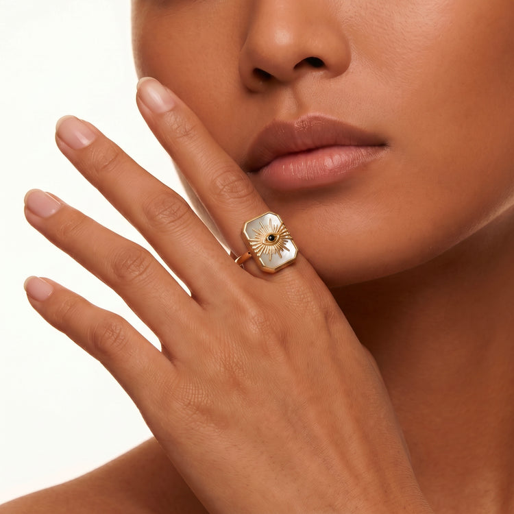 Bague Occhio - Dorée Or jaune 18k, Pierre de lune grise & Oxyde de zirconium - Maison Di Giorgio