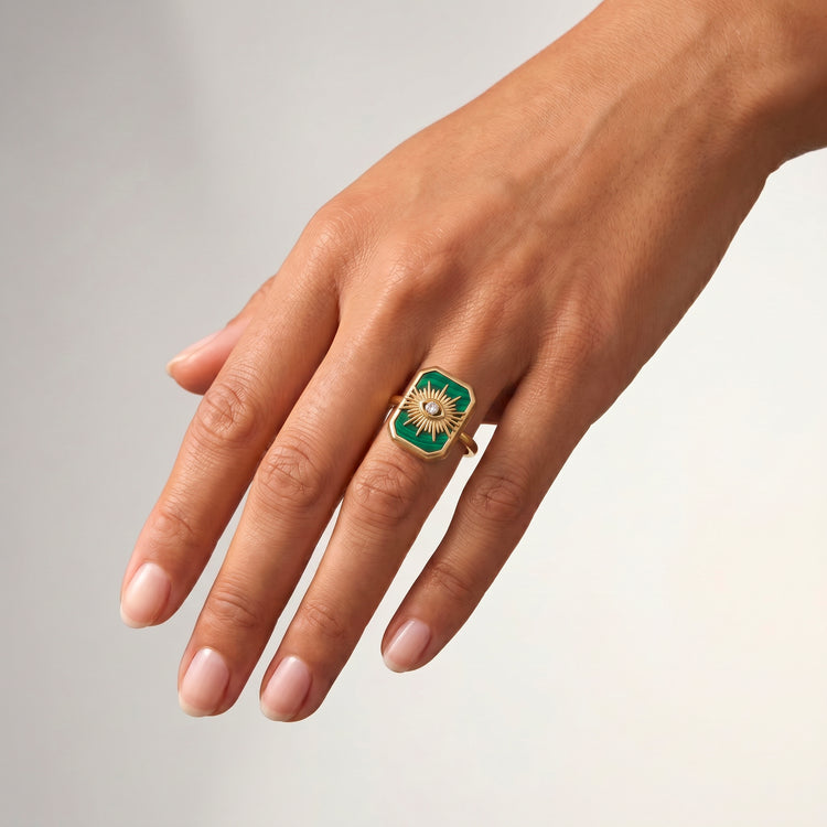 Bague Occhio - Dorée Or jaune 18k, Malachite & Oxyde de zirconium - Maison Di Giorgio