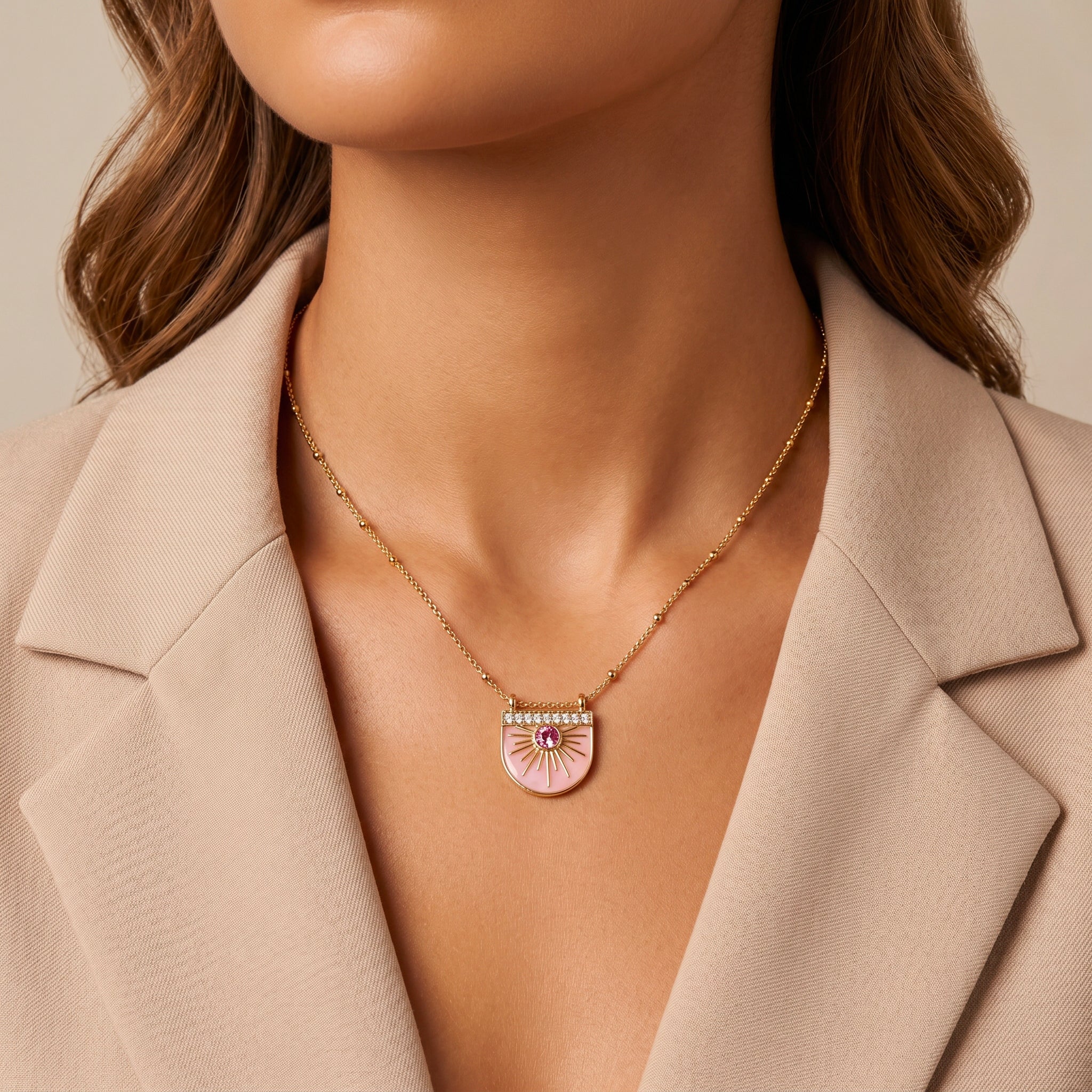 Collier Sole - Doré Or jaune 18k, Calcédoine rose & Oxyde de zirconium - Maison Di Giorgio