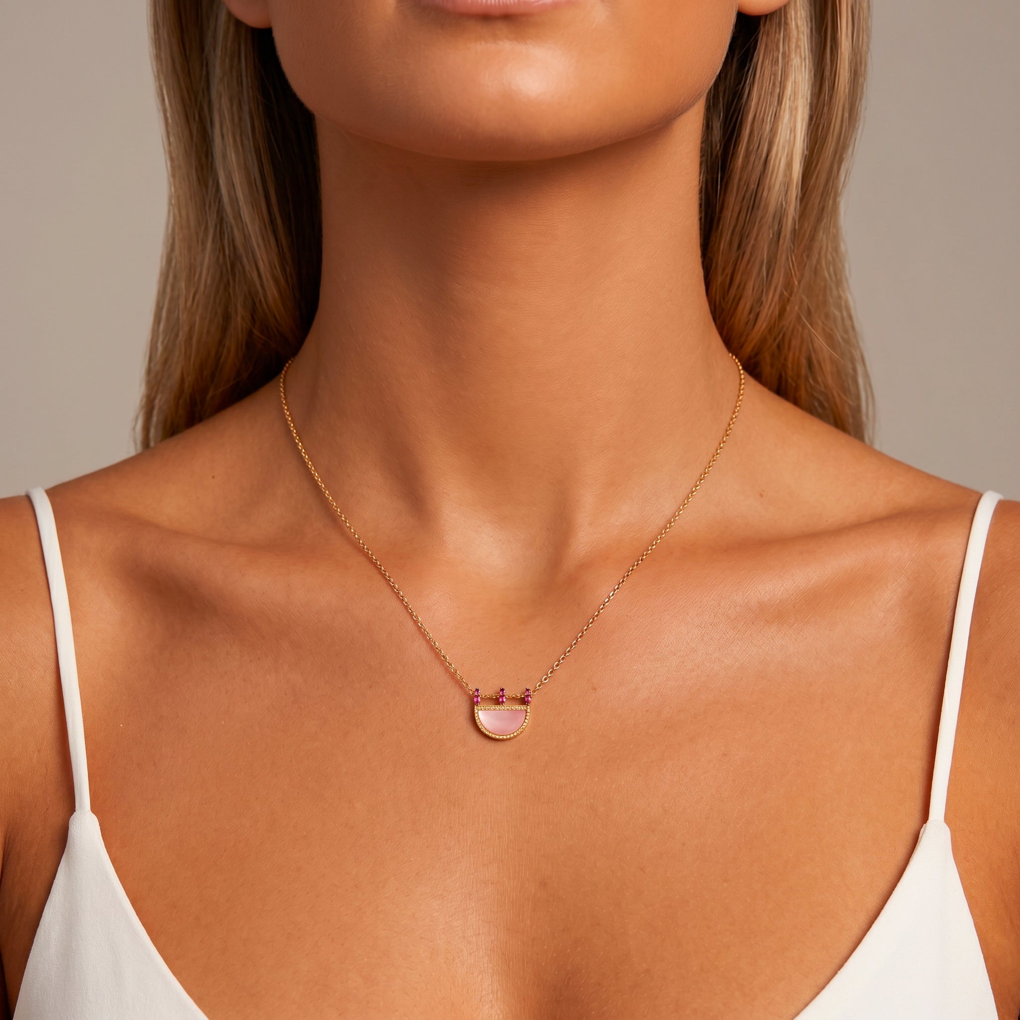 Collier Preciosa - Doré Or jaune 18k, Calcédoine rose & Oxyde de zirconium - Maison Di Giorgio