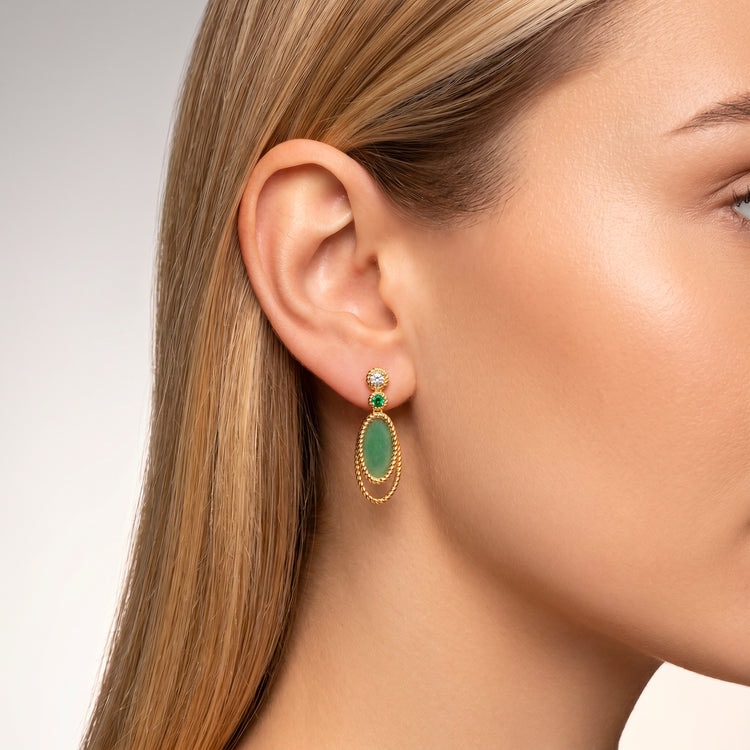 Boucles d'oreilles Drop - Dorées Or jaune 18k, Aventurine & Oxyde de zirconium - Maison Di Giorgio