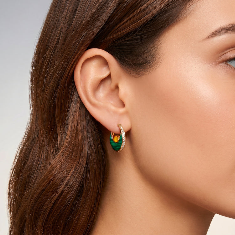 Boucles d'oreilles Rising Sun - Dorées Or jaune 18k, Malachite, Calcédoine jaune & Oxyde de zirconium - Maison Di Giorgio