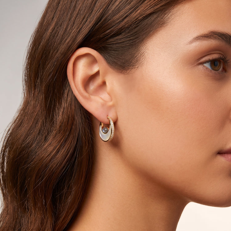 Boucles d'oreilles Rising Sun - Dorées Or jaune 18k, Pierre de lune blanche et grise & Oxyde de zirconium - Maison Di Giorgio