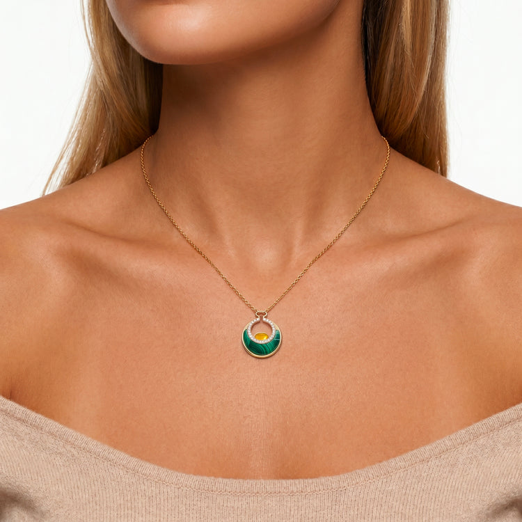 Collier Rising Sun - Doré Or jaune 18k, Malachite, Calcédoine jaune & Oxyde de zirconium - Maison Di Giorgio
