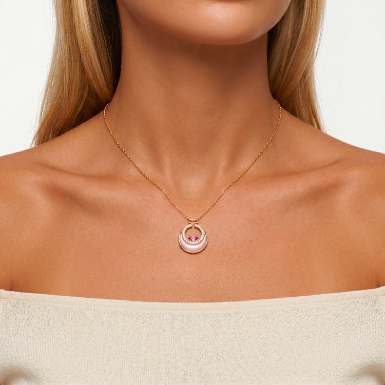 Collier Rising Sun - Doré Or jaune 18k, Calcédoine rose & Oxyde de zirconium - Maison Di Giorgio