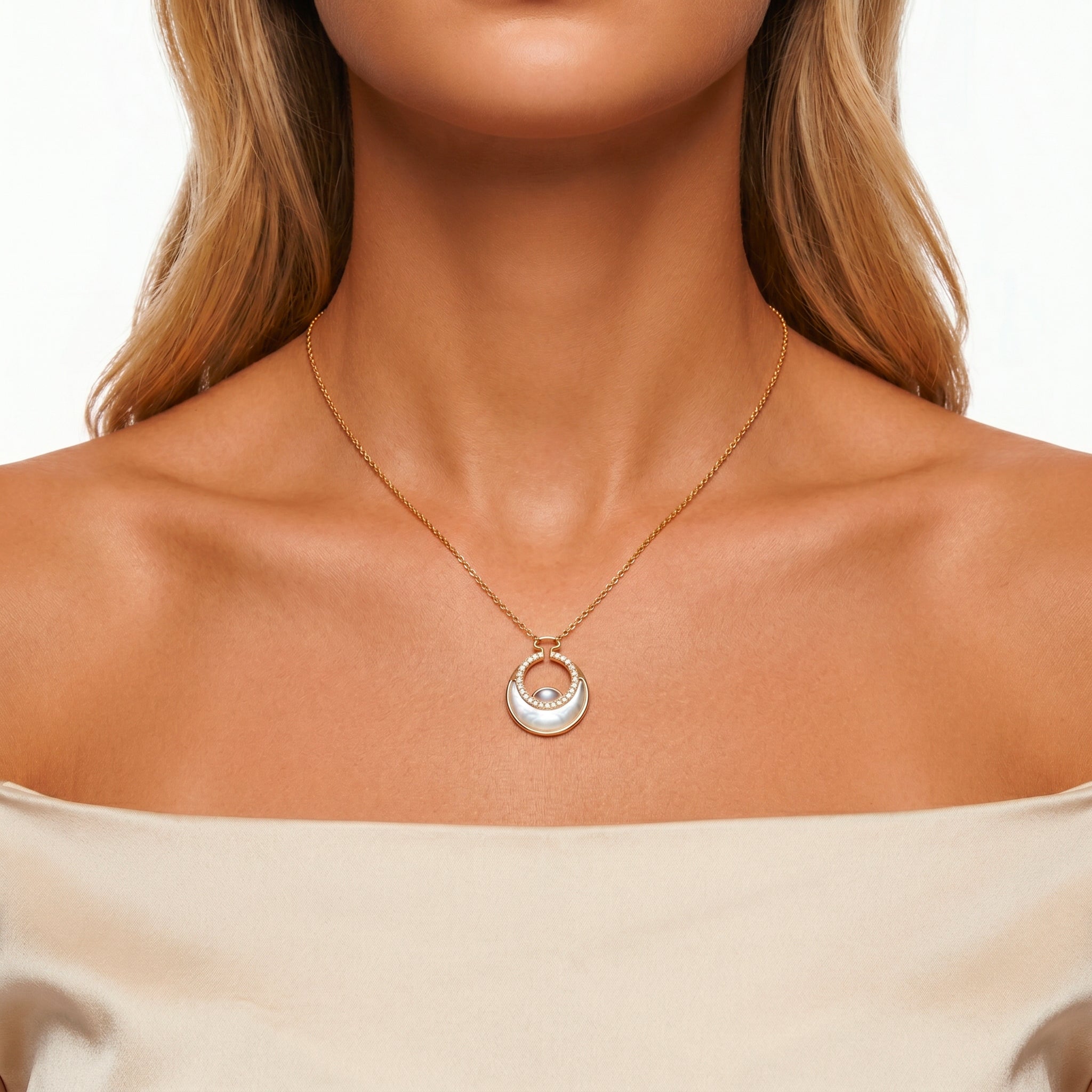Collier Rising Sun - Doré Or jaune 18k, Pierre de lune blanche et grise & Oxyde de zirconium - Maison Di Giorgio
