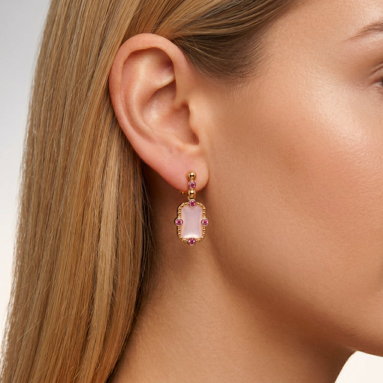 Boucles d'oreilles Art Déco - Dorées Or jaune 18k, Calcédoine rose & Oxyde de zirconium - Maison Di Giorgio