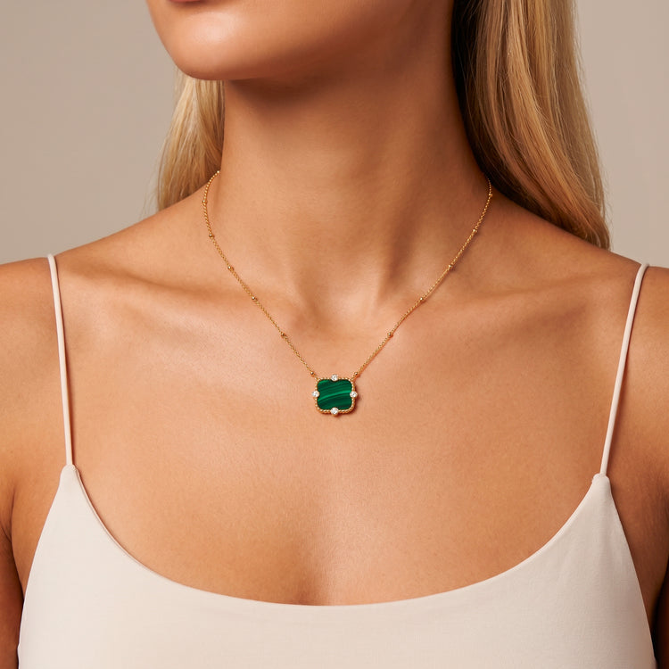 Collier Art Déco - Doré Or jaune 18k, Amazonite & Oxyde de zirconium - Maison Di Giorgio